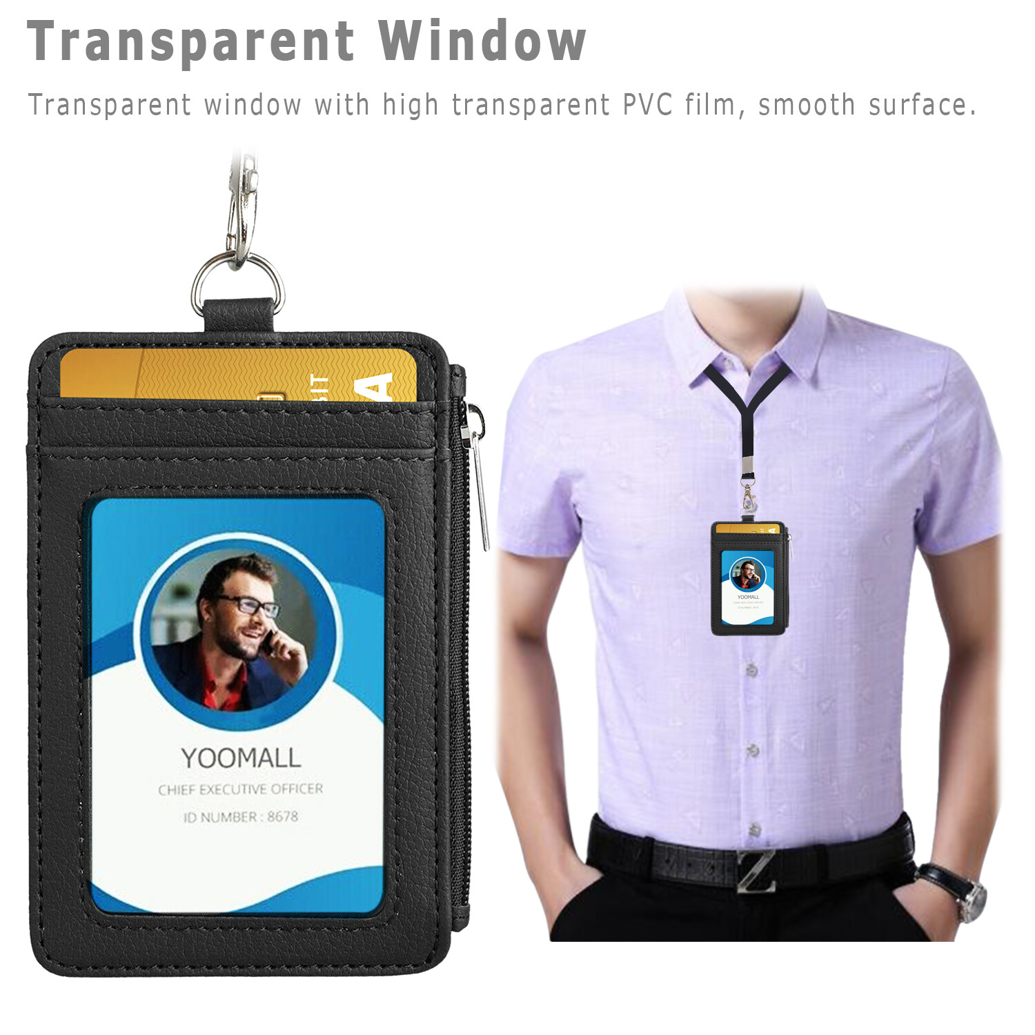 ID Badge Card Holder Synthetic Leather Vertical Clip Neck Strap Lanyard Case