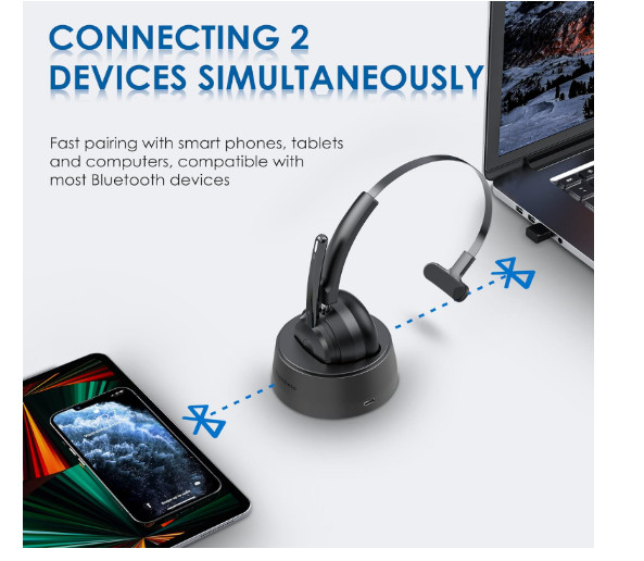 Mopchnic Bluetooth Headset, Wireless Headset with Upgraded Mic NO USB DONGLE