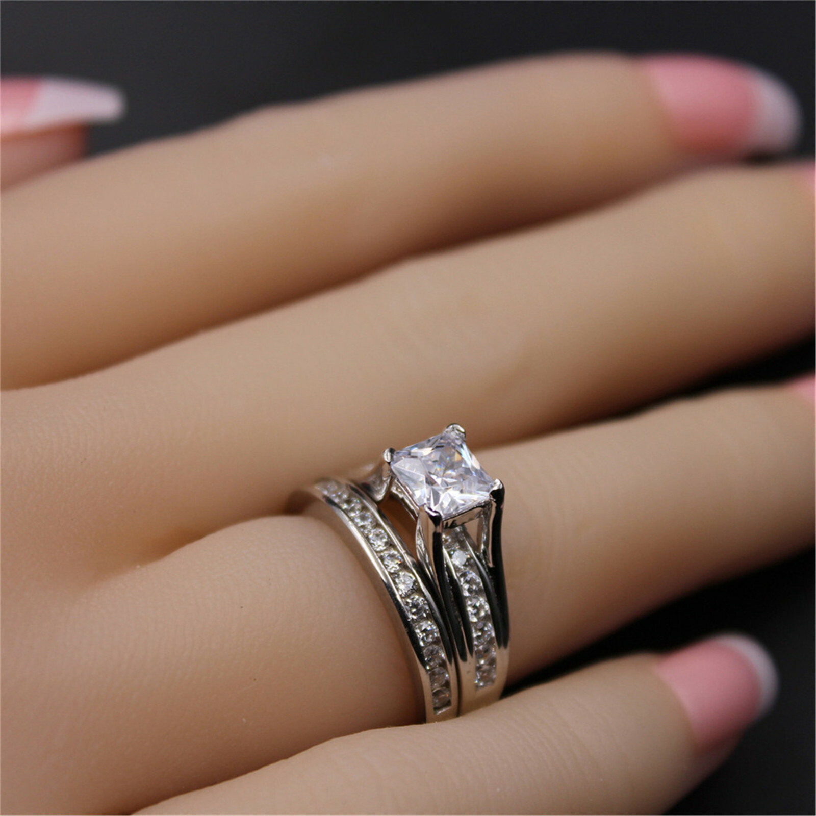 Classy Women Stainless Steel Princess Cut Wedding Engagement Ring Set Size 5-11