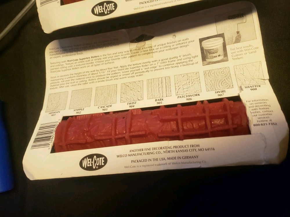 Vintage Nos 2 Wel-Cote Drywall Texture Rollers Tree Bark Patchwork Pattern Paint