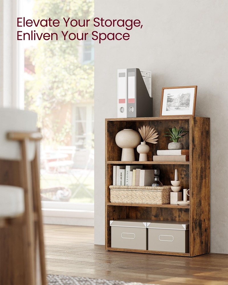VASAGLE CUSTOS 3-Tier Bookcase Bookshelf Rustic Brown Open Storage Display Shelf