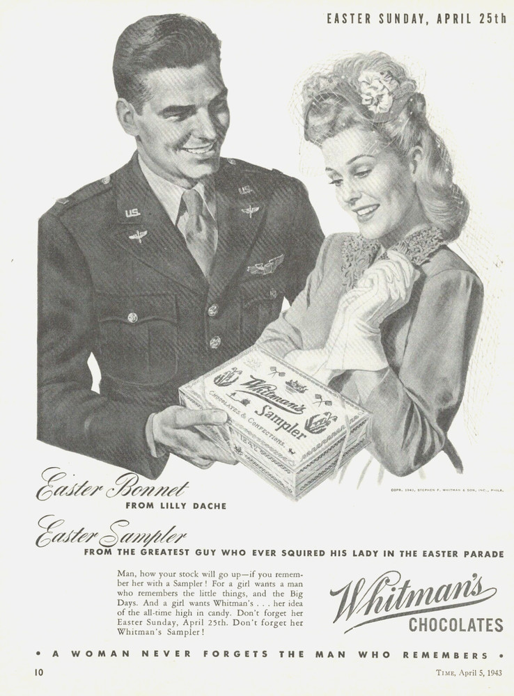 1943 WWII WHITMAN's Chocolate candy sampler PRINT AD Soldier Easter gift