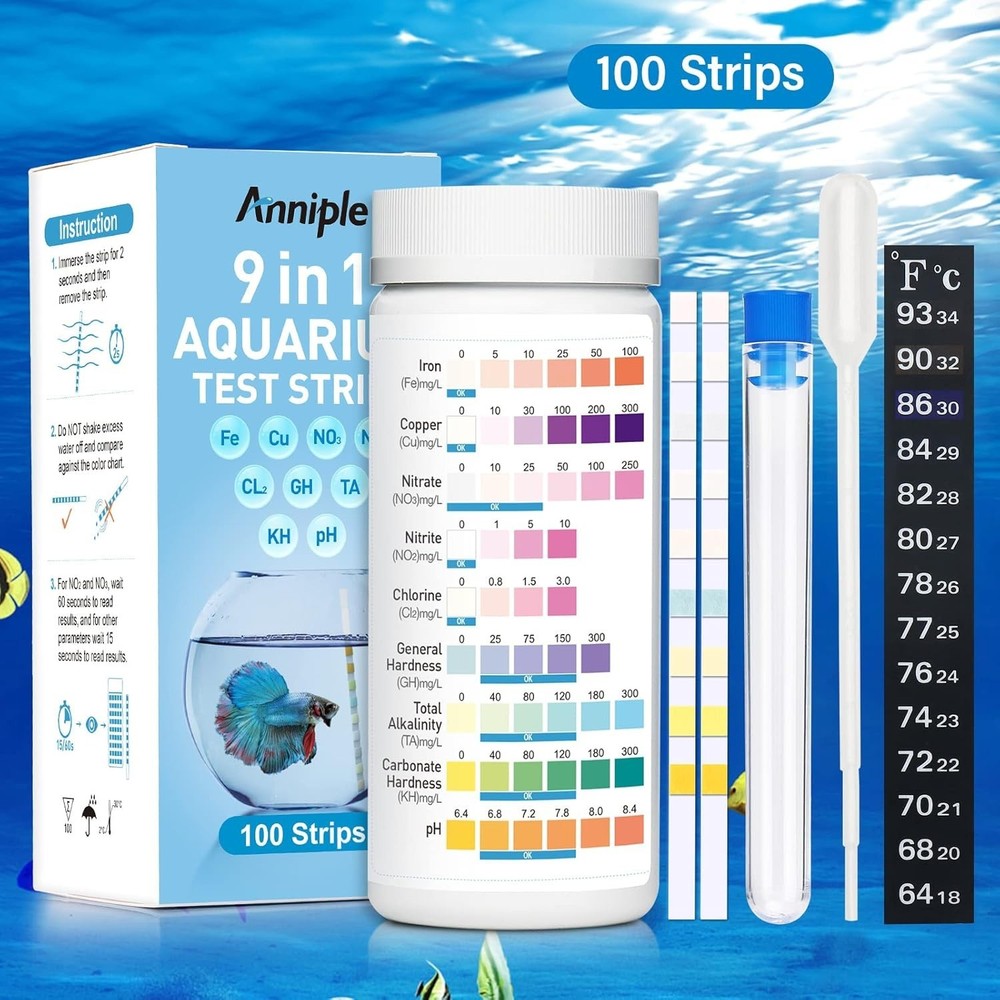 Complete Aquarium Testing Kit - 100 Strips, Tubes & Thermometer Included
