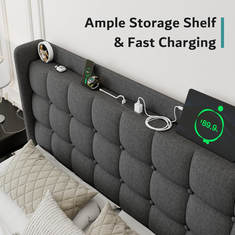 Ipormis Full Size Upholstered Platform Bed, Button Tufted Wingback Bed Frame wit