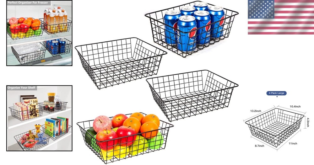 4 Pack Black Wire Baskets - Pantry Storage & Organization Solution