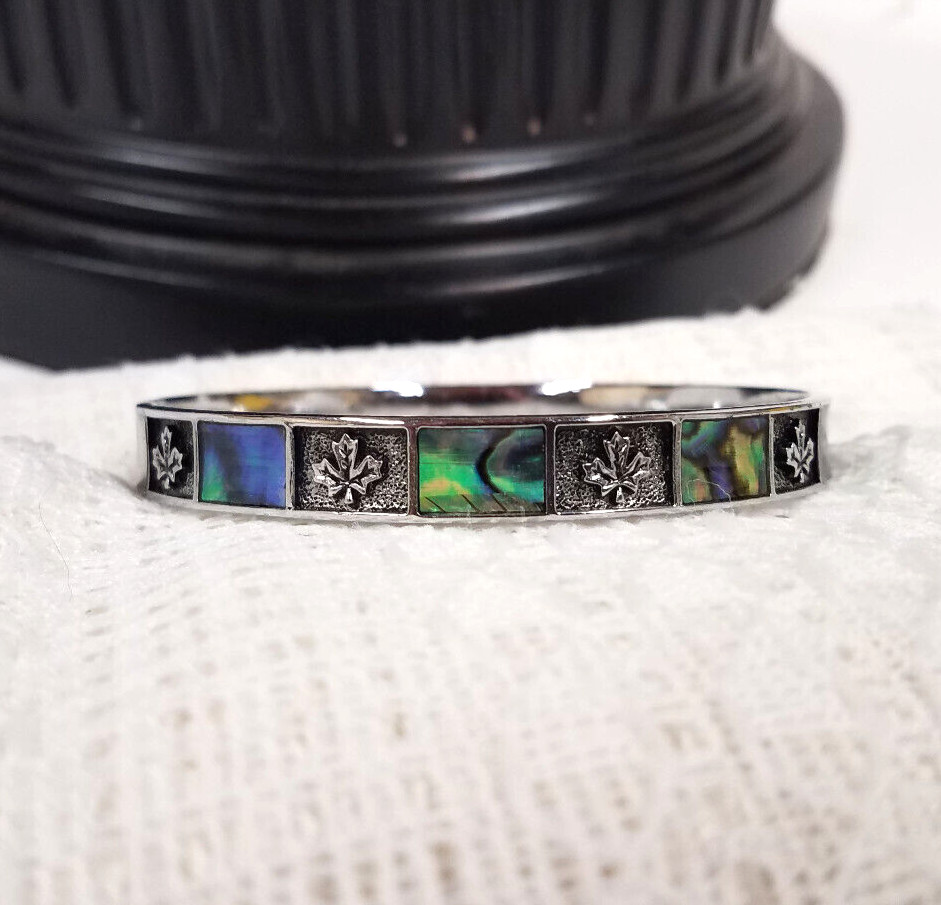 Vintage Signed M Bangle Abalone Shell Inlay Silver Tone Maple Canada Leaf 2-1/2"
