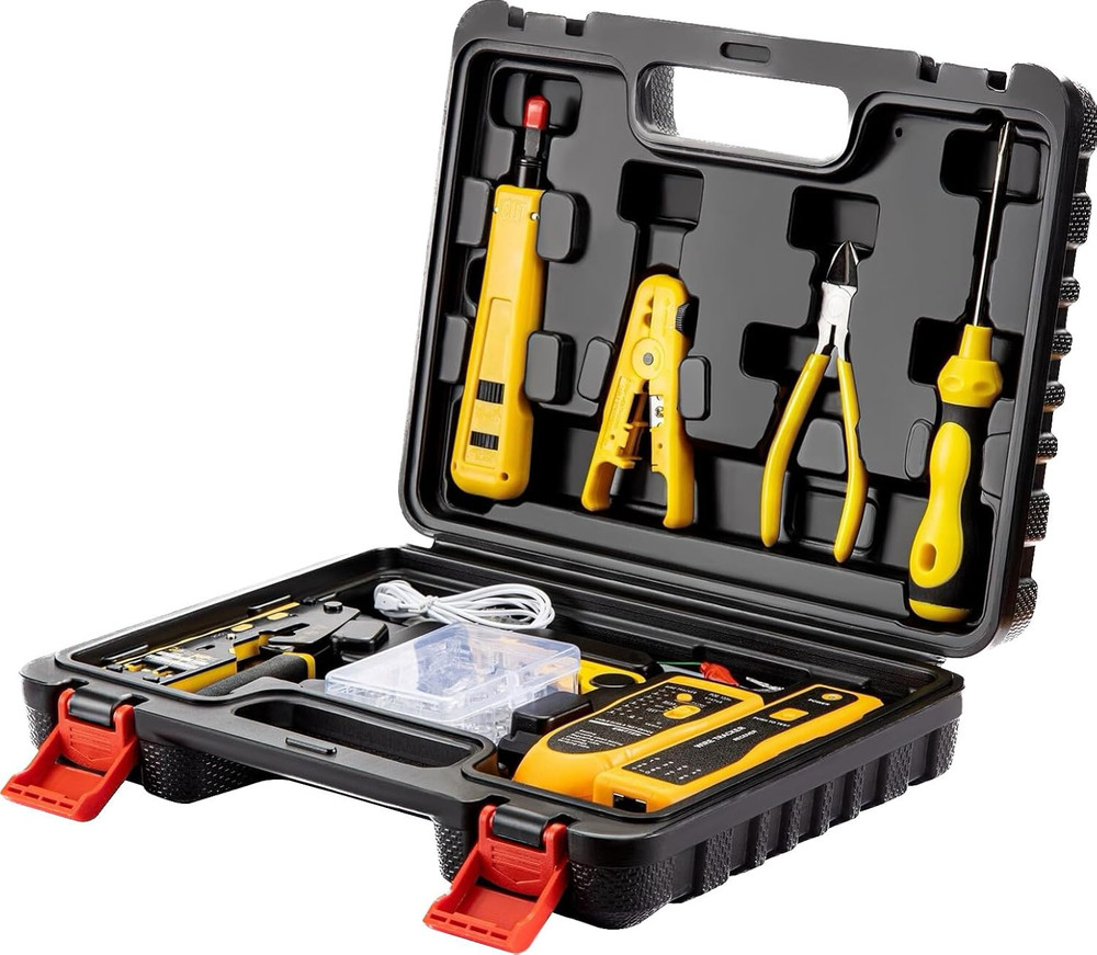 RJ45 Crimp Tool Kit with Wire Tracker, Stripper & Connectors for Easy Setup