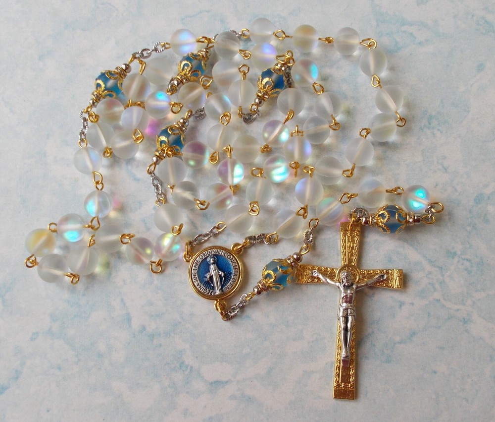 PRETTY Immaculate Conception Rosary~Mermaid quartz beads~2 tone~Handmade~Italy