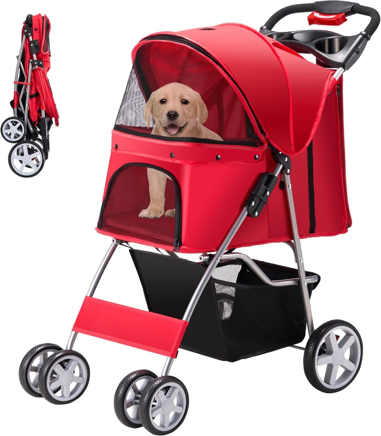 Pet Jogger Stroller Foldable 4 Wheels for Small Medium Dogs Cats Up to 33lbs