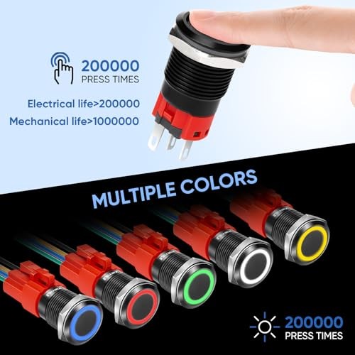 16MM Latching 12V Push Button Switch On Off,Waterproof with Black Shell Red LED