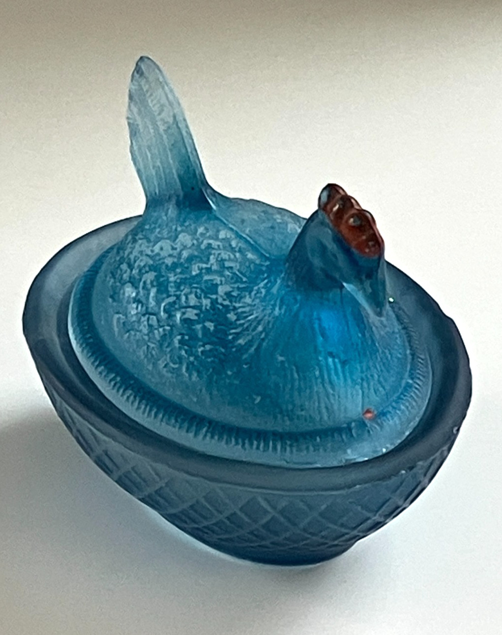 Vintage Small Frosted Blue Glass Hen on Nest Covered Salt Cellar/Salt Dip-Dish