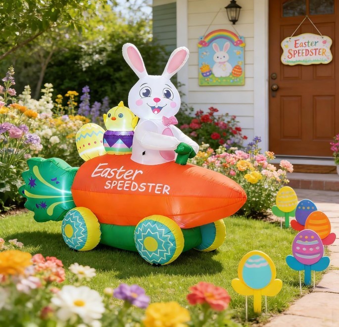Inflatable Easter Bunny with Carrot Car and Easter Eggs, 6FT Easter Inflatables
