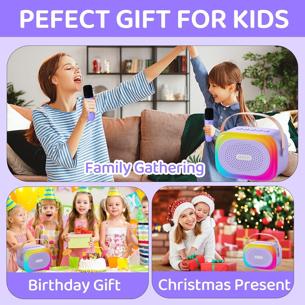 Mini Karaoke Machine with 2 Bluetooth Wireless Microphones & LED Lights - Fun