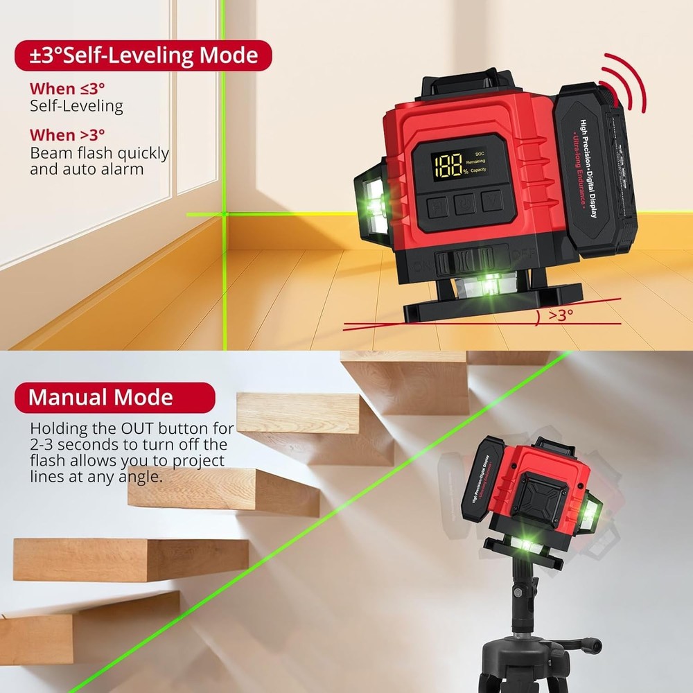 12 Line Laser Level 30M/98Ft Self Leveling Laser Level with Remote Control & ...