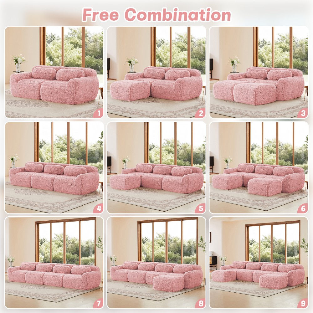 Modular Sectional Sofa w/ Ottoman & Pillows, Plush Pink Fabric