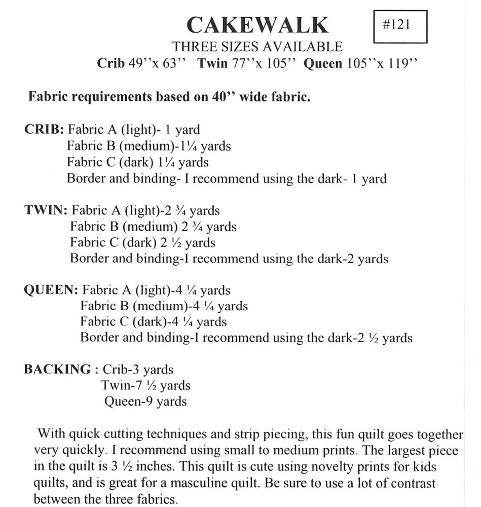 Cakewalk Quilt Pattern by Lehmann Quilting 121