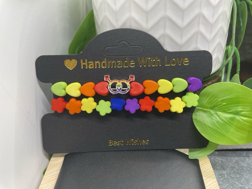 2 PC Handmade Rainbow Beaded Stackable 7” Plus Stretch Bracelet Set New B4860