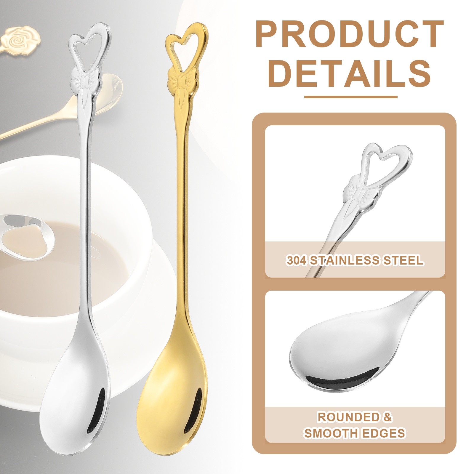 4pcs Coffee Spoons, Heart Tea Spoons Stainless Steel, Silver