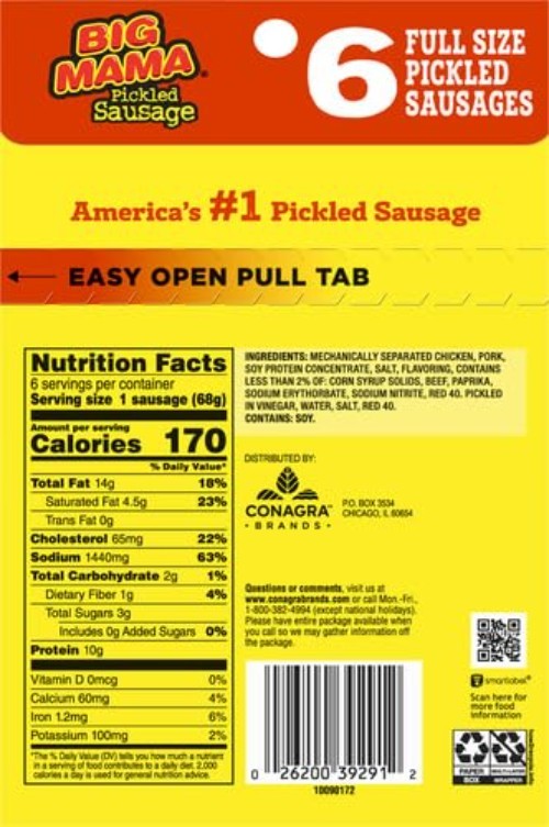 Big Mama Pickled Sausages, 2.4 Ounce, 6 Pack