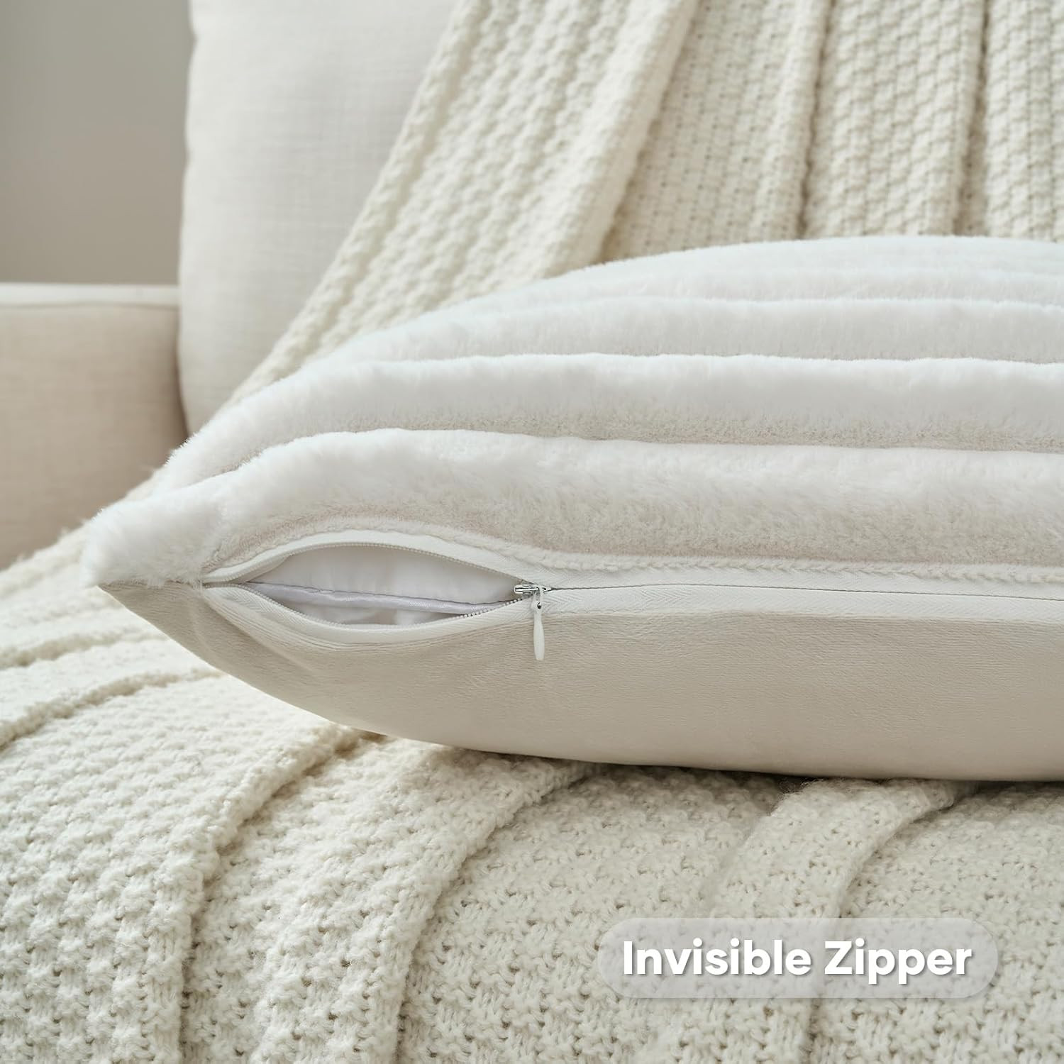 Cream White Throw Pillow Covers Set of 2, 18x18 Inch Soft Faux Rabbit Fur Stripe