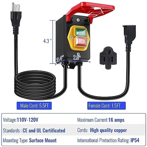 120V 2HP Router Table Switch - Single Phase On/Off with Large Stop Paddle, Easy
