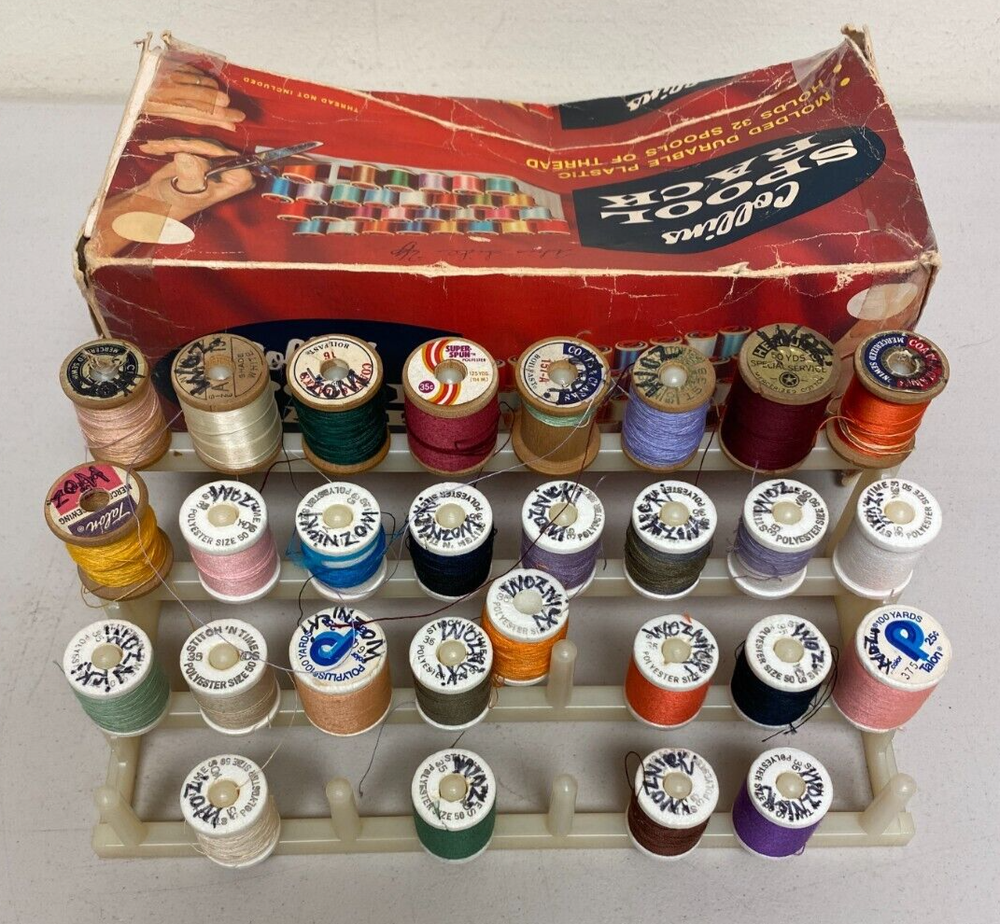 Vintage COLLINS SPOOL RACK HOLDS 32 SPOOLS OF THREAD/ WITH THREAD SPOOLS