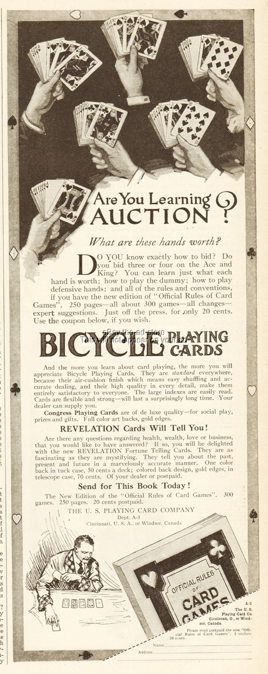 1919 Bicycle US Playing Cards Auction Bridge Game Revelation Fortune Telling Ad