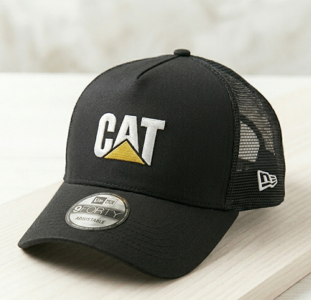 CAT Caterpillar Trucker Hat Black Mesh Back Adjustable Snapback Cap