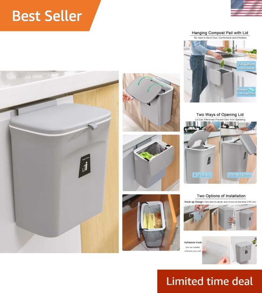 Odorless 2.4-Gallon Kitchen Compost Bin with Lid - Mountable & Stylish Gray