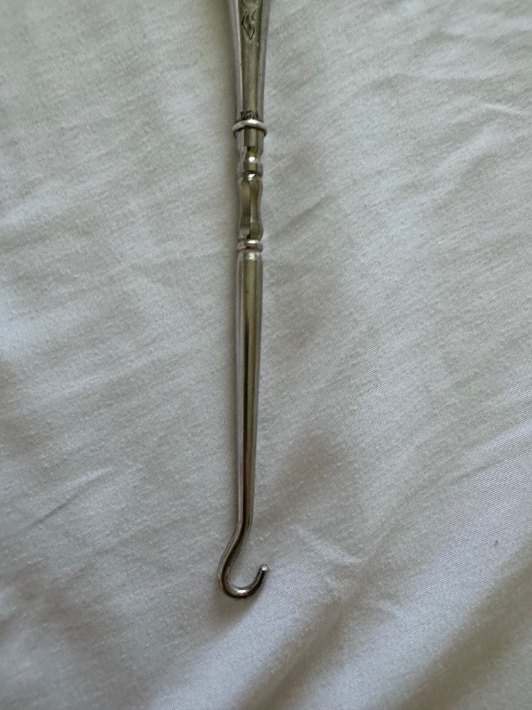 Antique Sterling Silver Handle Button Hook Engraved Scrolling and Flower Design