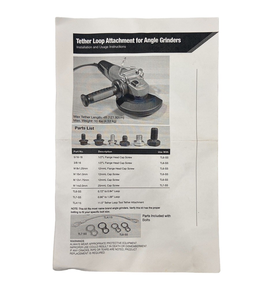 ☀️Ty-Flot TLAGRN Angle Grinder Tool Tether Loop Attachment Kit, Universal