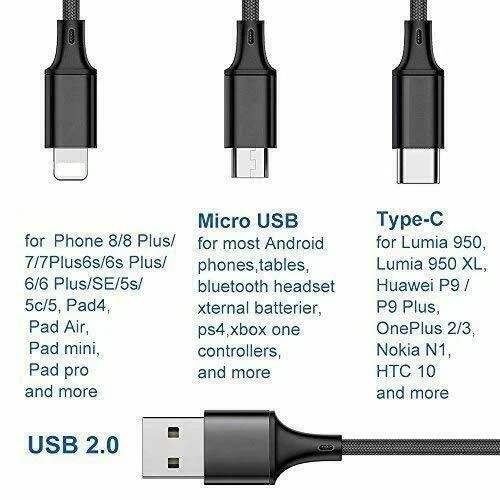 LOT NEW USB Charging Cable Universal 3 in 1 Multi Function Cell Phone Charger