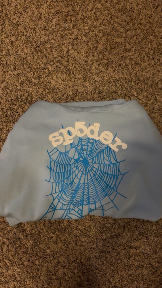 Sp5der Light Blue Hoodie with Spider Web Pattern Mens Small AUTHENTIC✅