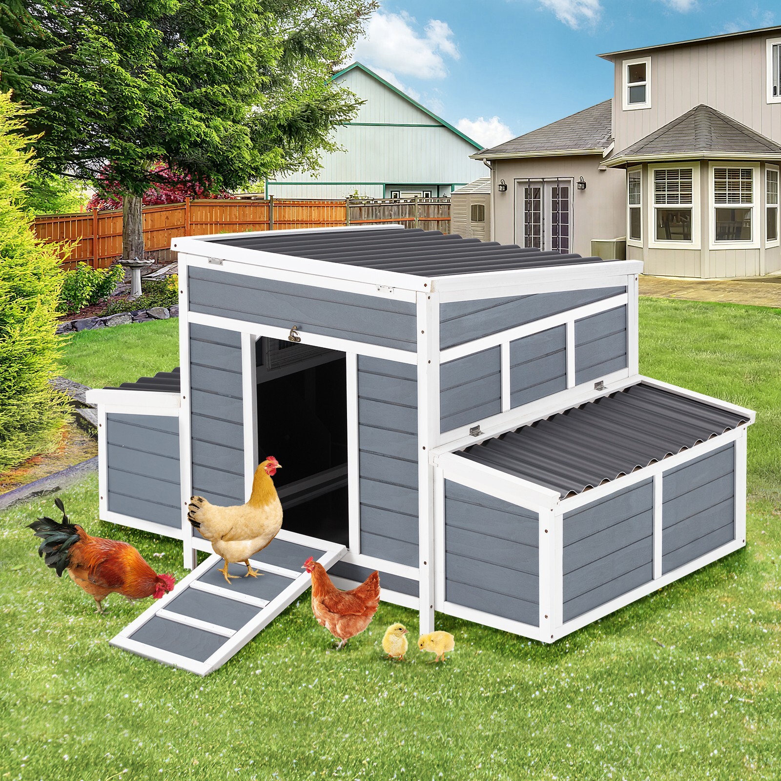56" Wooden Large Chicken Coop W/ 6 Nesting Boxes Hen House Outdoor Chicken Cage