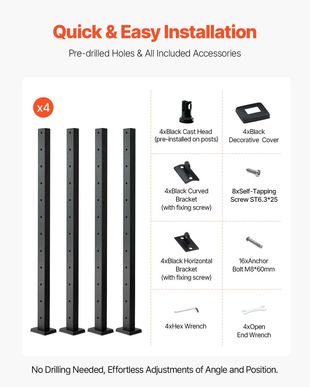 VEVOR 4 Pack Cable Railing Post 42x1x2in Horizontal-Hole 4JZLGZXHS106REP67001V0