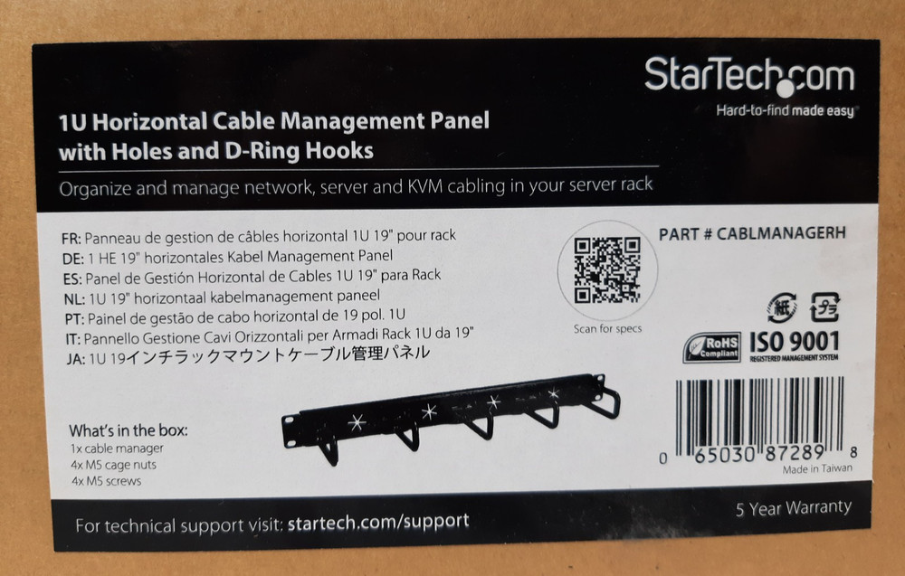 StarTech 1U Horizontal Cable Management Panel with Holes and D-Ring Hooks - New