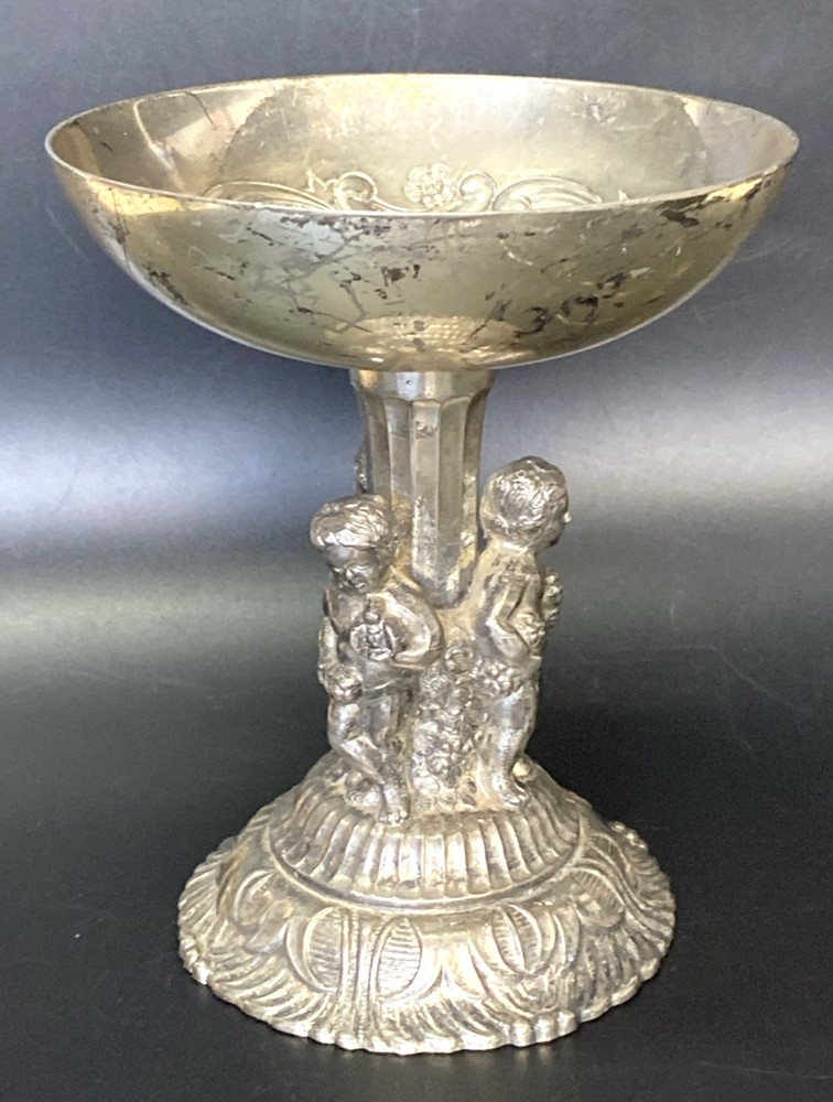 Silverplate Compote Nut Candy Dish Cherub Pedestal 7" Vintage Antique 2.5 lbs.