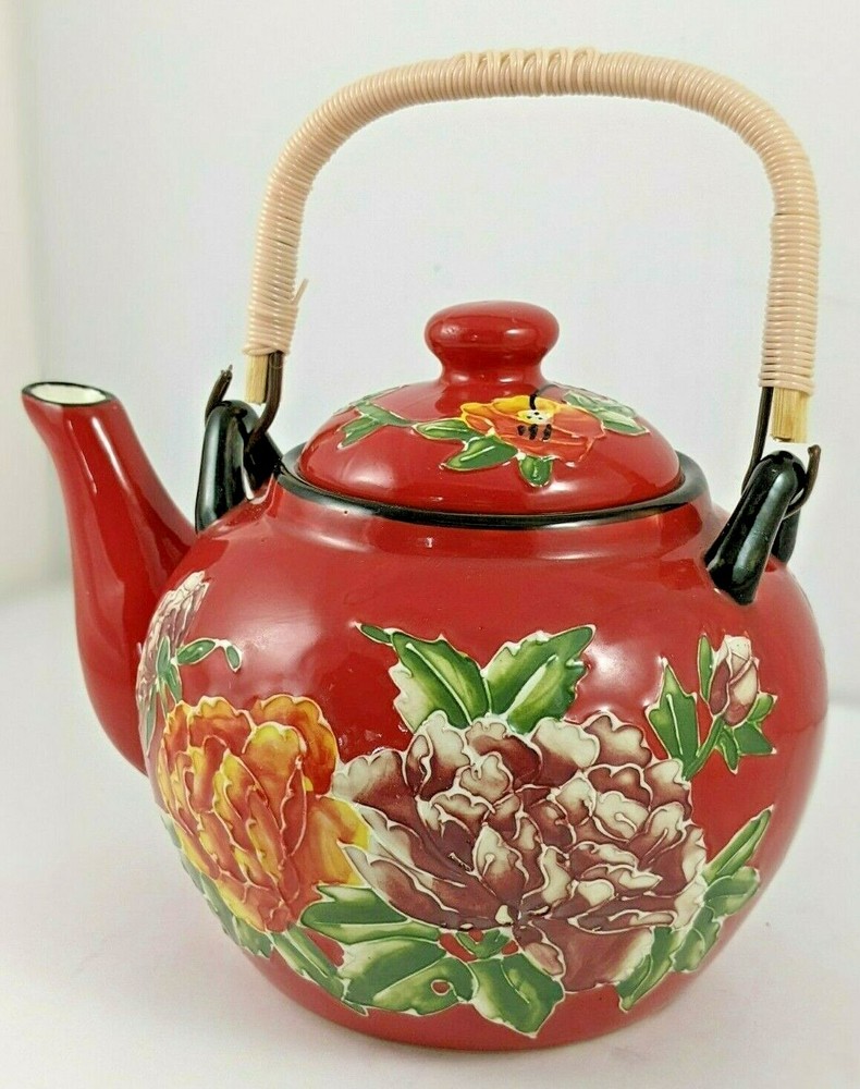 Pier One Ceramic Hand Painted Peony Tea Pot Stoneware