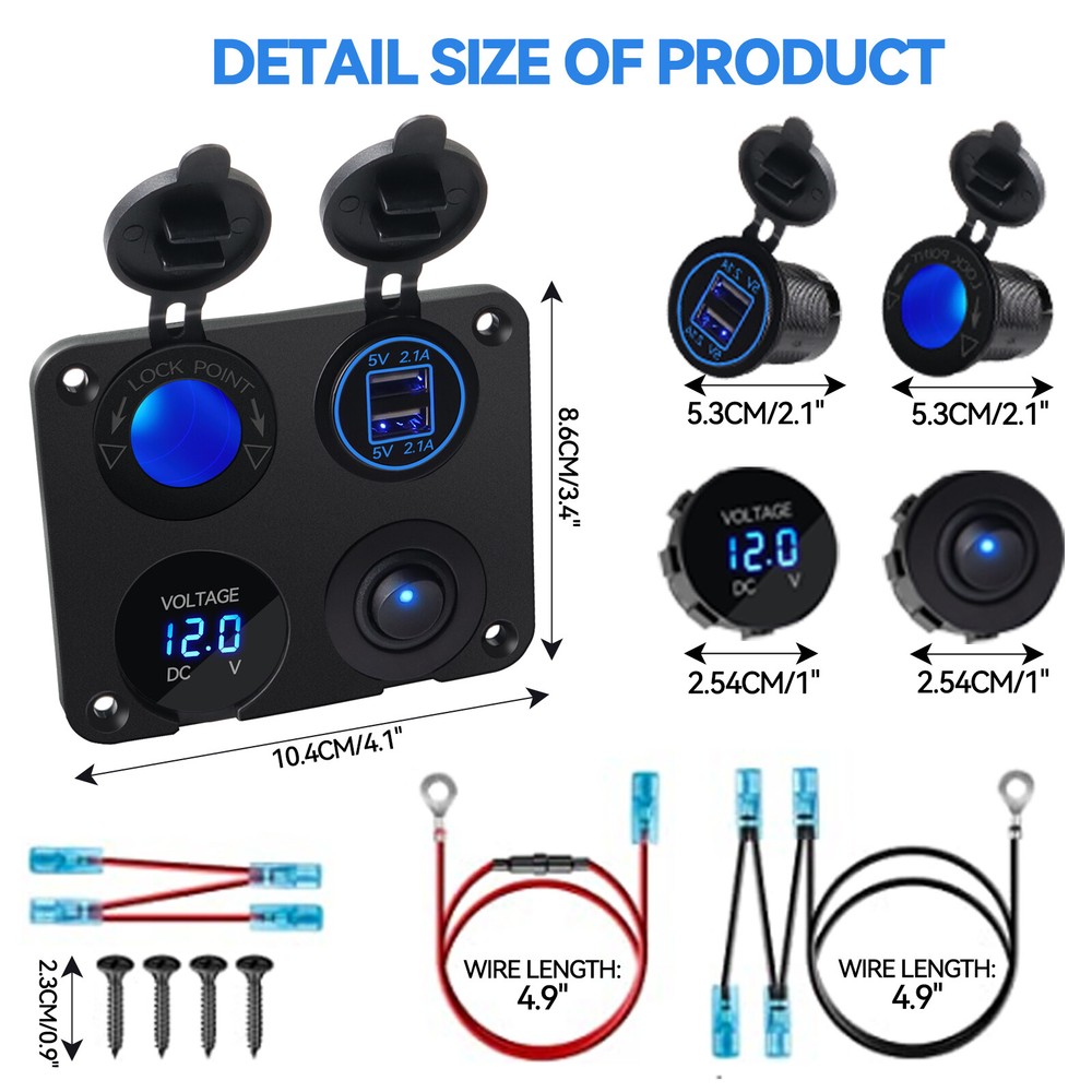 12V 4 In 1 Panel Dual USB Charger LED Voltmeter Cigarette Lighter Socket Outlet