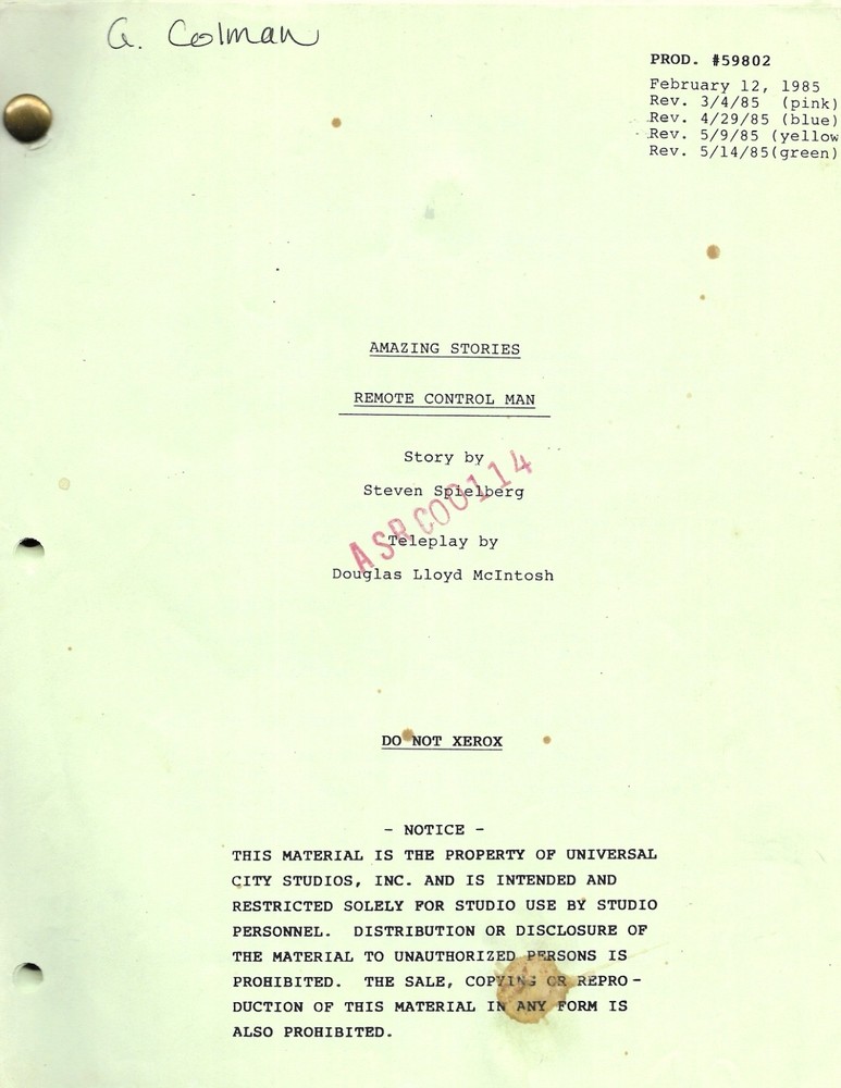 AMAZING STORIES original television script "Remote Control Man"