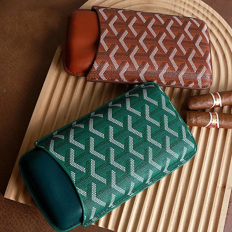 Leather Cigar Holder Case Humidor 3 Cigars Cedar Wood Green