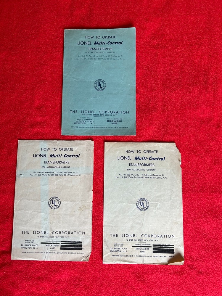 LIONEL PREWAR TYPE 1041/1241 MULTI-CONTROL TRANSFORMER OPERATING INSTRUCTION