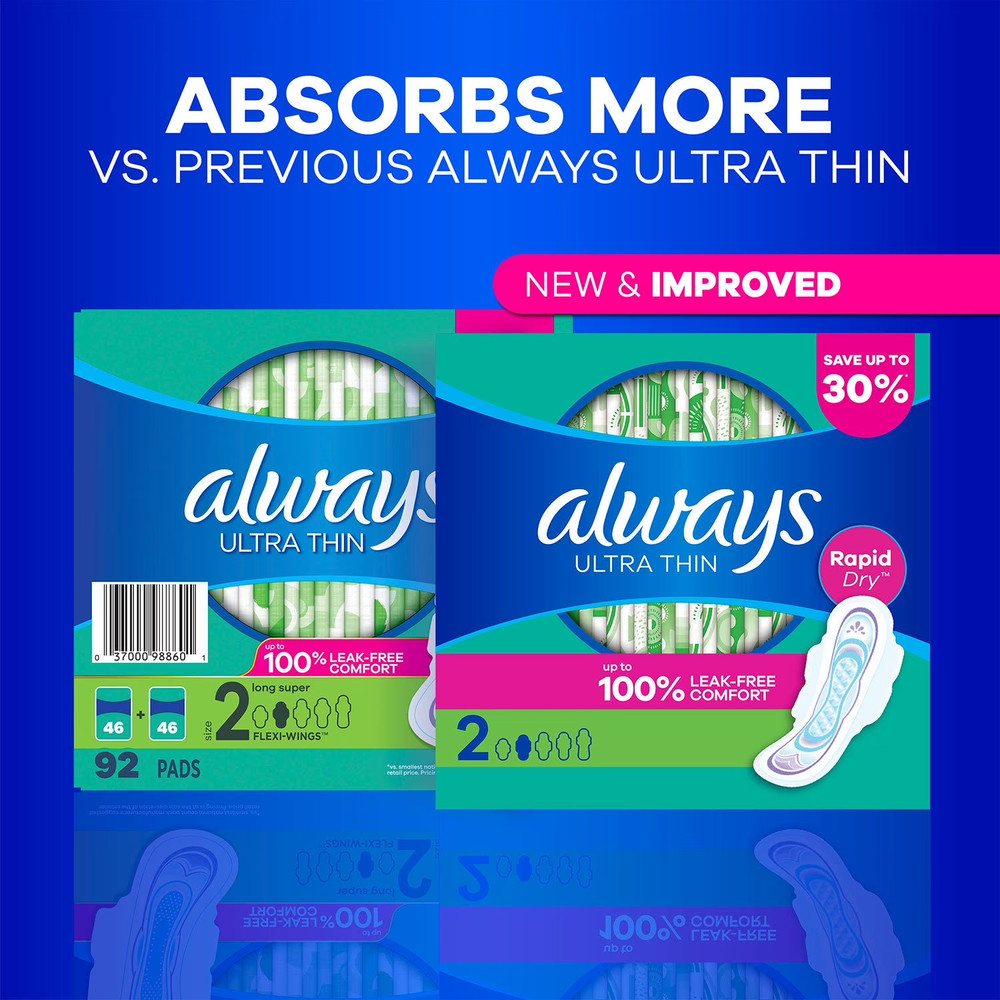 Always Ultra Thin Regular Pads with Wings, Size 1, 96 ct.
