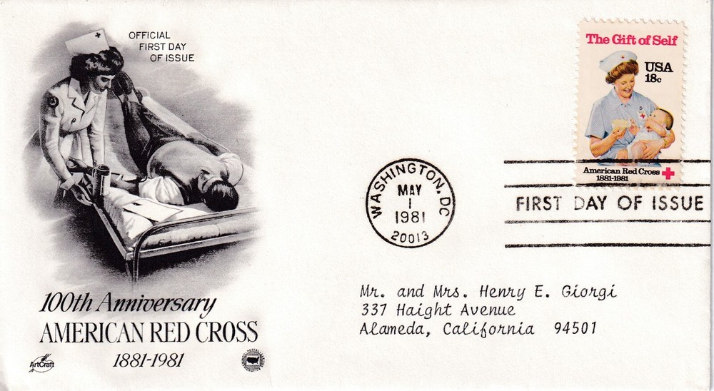 STAMP US SCOTT 1910 "American Red Cross " BARTON 18 CENT 1981 FDC - C