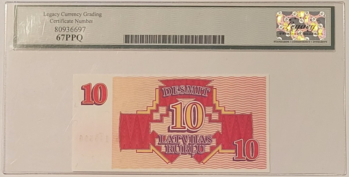 Latvia 1992 10 Rublu Bank Note Superb Gem New 67 PPQ Legacy Currency Grading