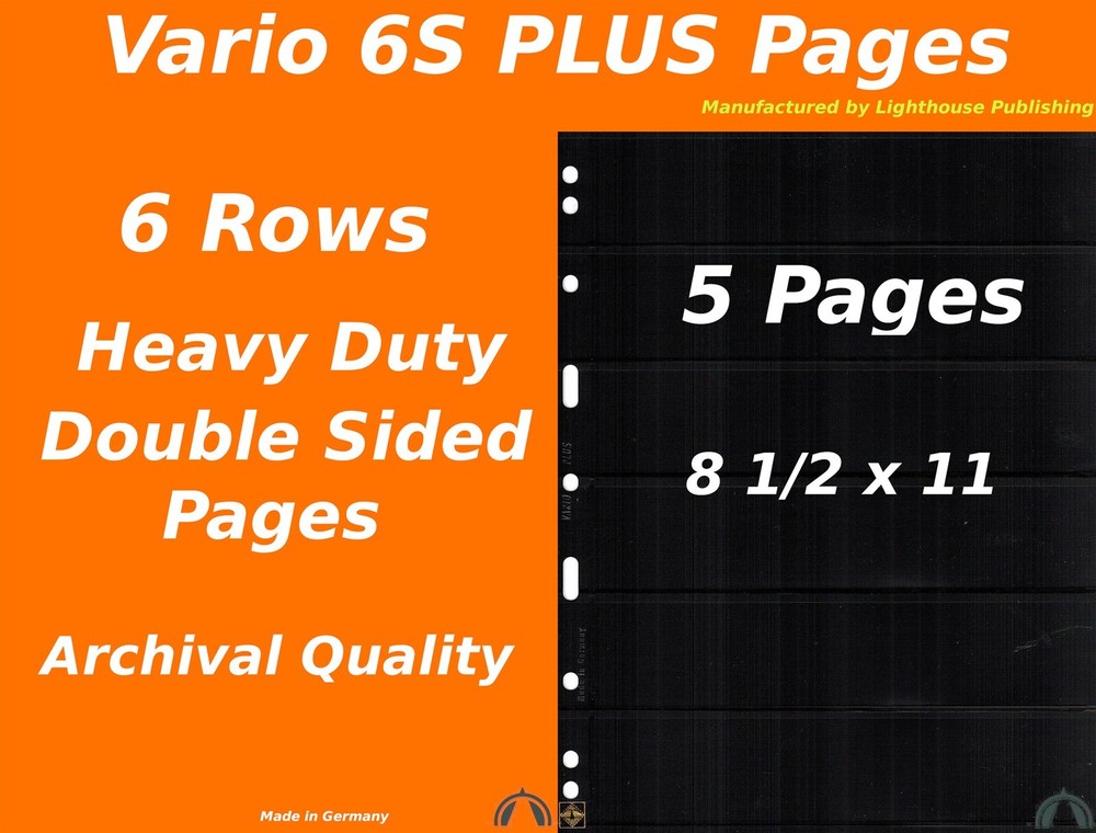 5 VARIO 6S PLUS Pocket Double Sided Pages for Stamp and Other Collecting, Black