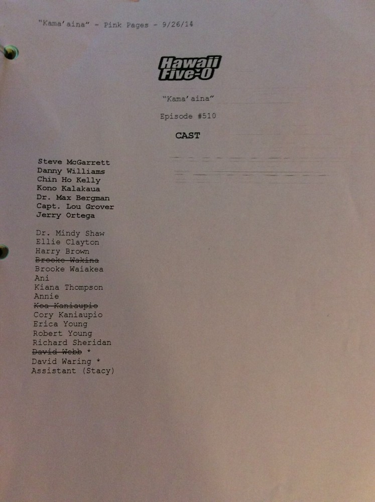 HAWAII FIVE-O ORIGINAL SCRIPT 510 NOTES SCHEDULE + 2014 WAWAHI MOE'UHANE