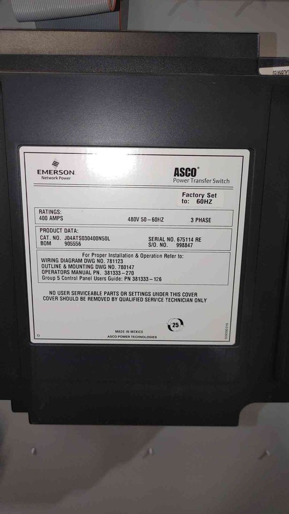 400A ASCO 400A ATS Automatic Transfer Switch 480v NJ04ATS030400N50L