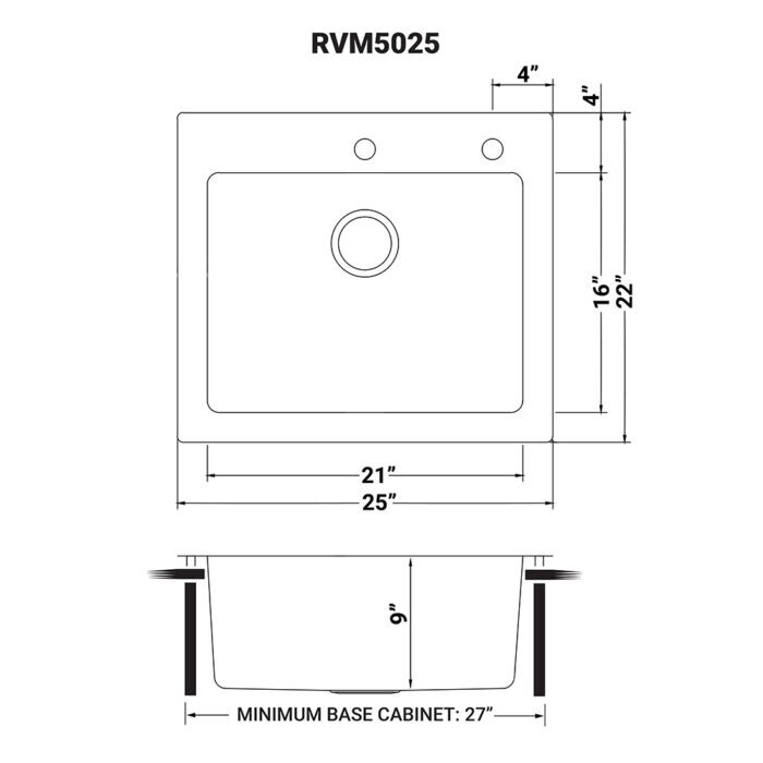 Ruvati 25"x22" Drop-in Topmount 16 Gauge Single Bowl Kitchen Sink- RVM5025