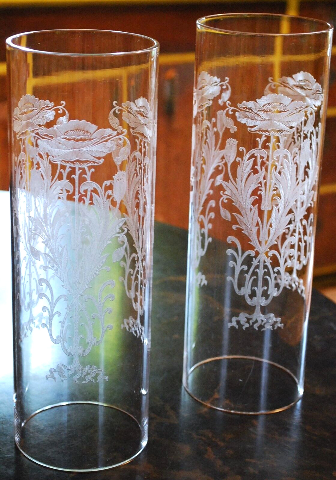 Set 2 TIFFIN FRANCISCAN Crystal Hurricane Lampshades FLANDERS CLEAR ETCH POPPIES